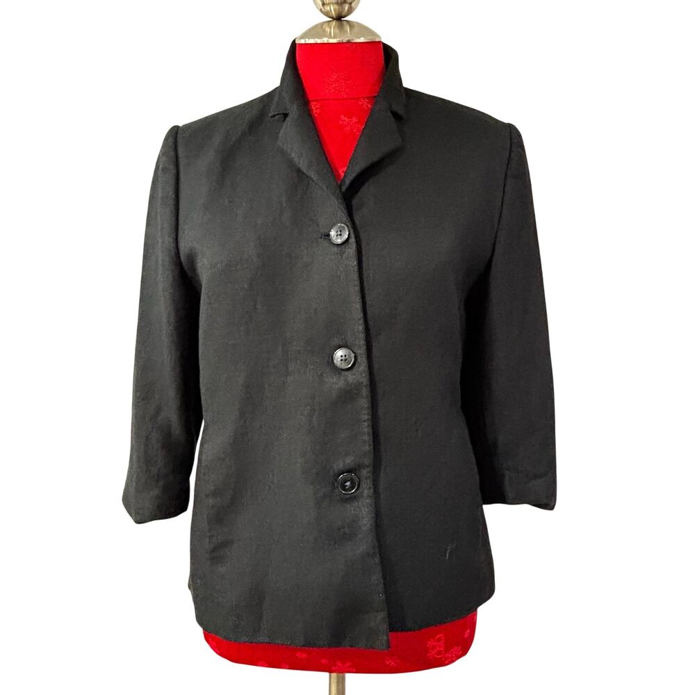 Amanda Smith sz 10 black linen rayon lined jacket blazer 3/4 sleeve 90's career
